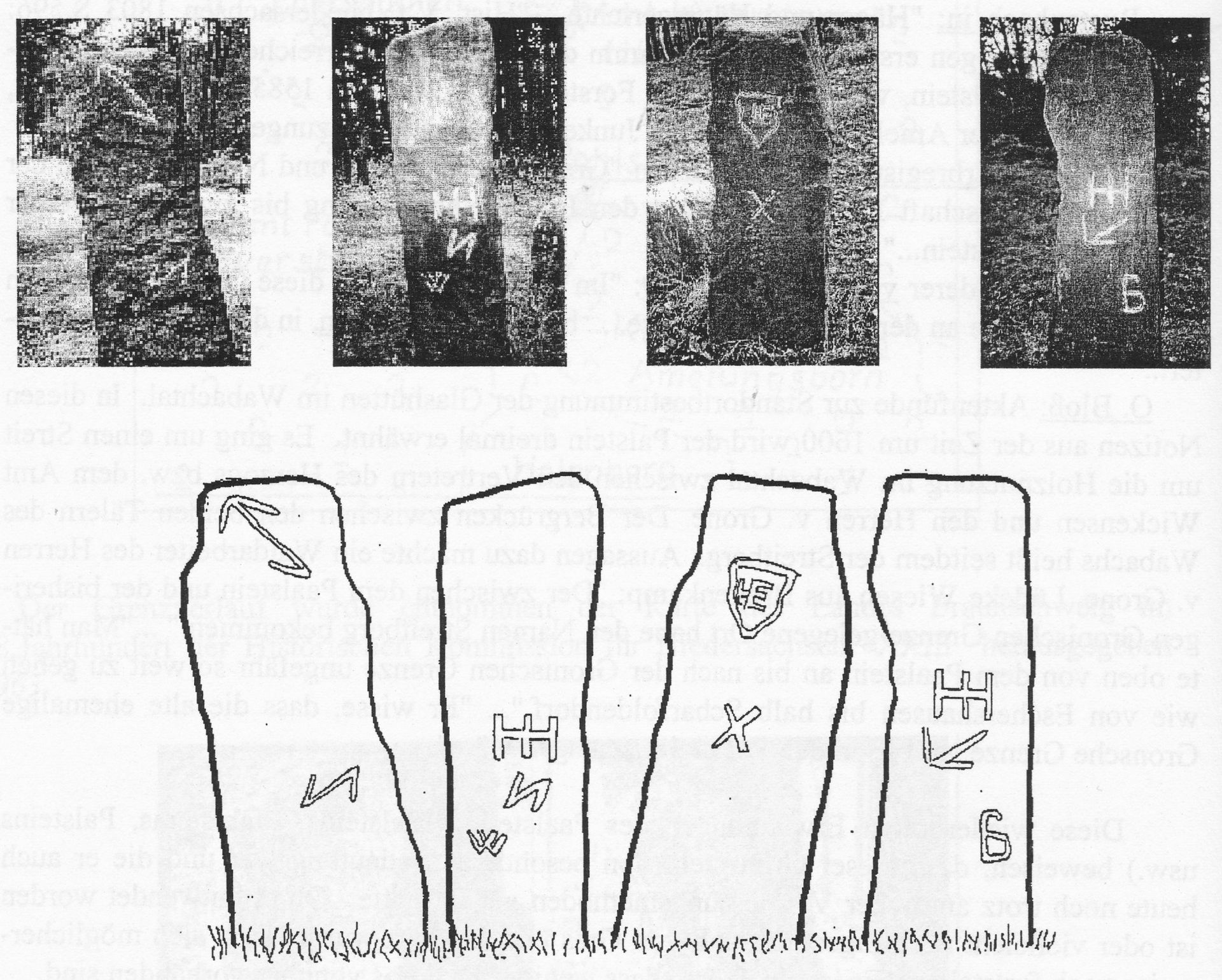 Bilder und Skizzen der vier Seiten des Schnatsteins auf dem Schnippkopf